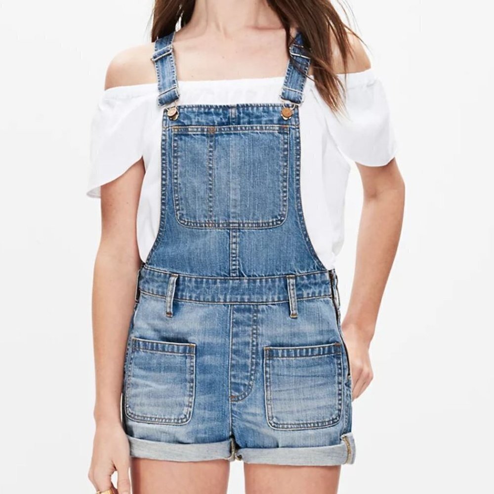 Madewell Women Blue Cotton Adirondak Frayed Hem Shorts Denim Overalls Size XS